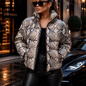 Women's Luxury Python Snakeskin puffer leather Jacket ,Snake Print Jackets