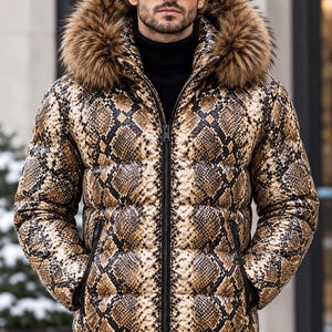 Men's Python Snakeskin Leather Puffer Jacket with Faux Fur Hood