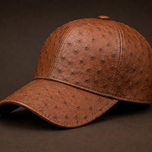 May include: A brown baseball cap featuring a textured ostrich leather pattern with distinct quill bumps across the crown and the curved brim. The cap is constructed with six panels and includes a small matching button at the top centre.