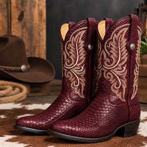 Royal Burgundy Python Leather Cowboy Boots | Men’s Western Embroidered Boots