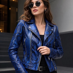 Women’s Blue Python Leather Biker Jacket – Genuine Snakeskin Style Motorcycle Outwear