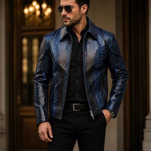 Men's Blue Python Embossed Genuine Leather Jacket – Luxury Exotic Snakeskin Biker Jacket