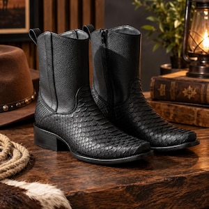 Stivali da cowboy da uomo in pelle di pitone nera / Stivali western
