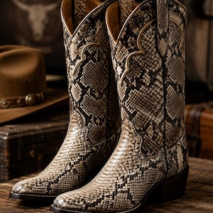 May include: A pair of tall cowboy boots featuring a detailed snakeskin pattern in shades of beige, brown, and black. The boots have a pointed toe, a stacked heel, and decorative stitching along the upper shaft with pull tabs at the top edges.