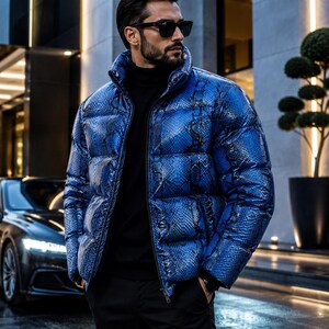Luxury Men's Blue Python Puffer Jacket, Quilted Zip Winter Streetwear Coat,Damen Lederjacken.