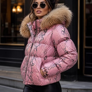 Women's Python Print Puffer Leather Jacket With Faux Fur, Designer Inspired Coat