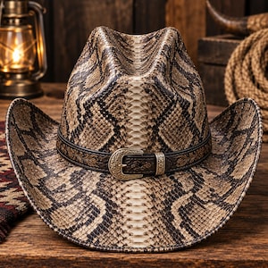 May include: A cowboy hat featuring a detailed brown and cream snakeskin pattern across the crown and brim. The hat includes a dark brown leather band decorated with an embossed floral motif and a metallic buckle with an intricate engraved design.