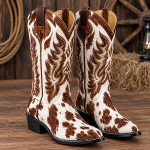 Könnte beinhalten: Ein Paar wadenhohe Cowboystiefel mit braun-weißem Kuhfellmuster. Die Stiefel haben dunkelbraune Leder-Anziehschlaufen, eine spitz zulaufende Zehenpartie und aufwendige braune Stickereien am Schaft. Die Absätze und Sohlen sind schwarz.