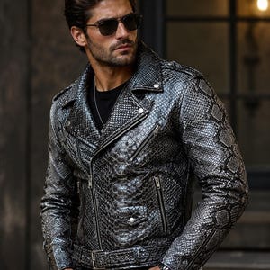 Jaqueta masculina de couro de píton genuíno para motociclista | Jaqueta de luxo para motociclista em pele de cobra exótica