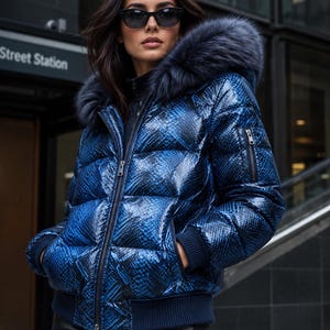 Women's Python Snakeskin Leather Puffer Jacket Faux Fur Collar and Cuffs