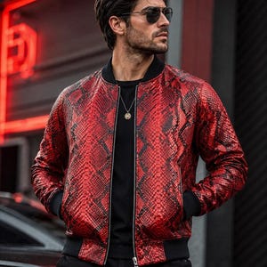 Handmade Python Snakeskin Bomber Jacket - Leather Moto Biker Jacket Lederjacken