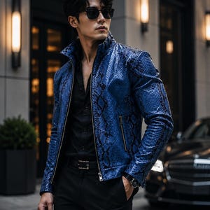 Men's Blue Python Print Leather Biker Jacket | Luxury Snakeskin Style Moto Jacket