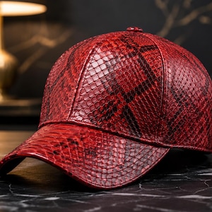 Red Handmade Python Embossed Leather Baseball Cap, Western Style Cap