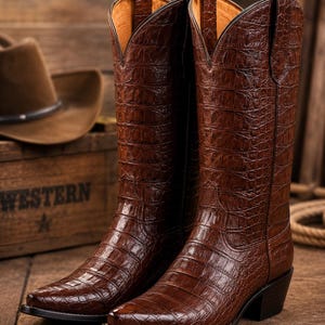 Puede incluir: Un par de botas vaqueras marrones con un patrón texturizado en relieve de piel de cocodrilo. Las botas tienen punta afilada, tacón y tiradores en la parte superior de la caña. El forro interior es de color beige claro y el exterior es marrón oscuro.