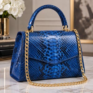 May include: A structured handbag featuring a vibrant blue snakeskin pattern with a glossy finish. The bag includes a top handle, a fold-over flap closure, and a detachable gold-tone metal chain shoulder strap with polished hardware accents.