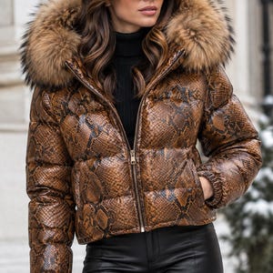 Camel Brown Python Puffer Leather Jacket with Faux Fur Hood, Gift For Her