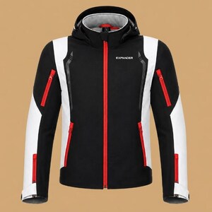May include: A black, white, and red hooded jacket featuring the word EXPANDER printed on the chest. The jacket includes a central red zipper, multiple red-zippered pockets on the front and sleeves, and a light gray interior lining visible at the collar.