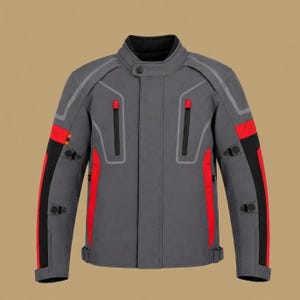 May include: A grey motorcycle jacket featuring a high collar, long sleeves, and a central front zipper closure. The jacket includes vertical chest pockets with black zippers, red side panels, black sleeve accents, and adjustable straps on the arms.