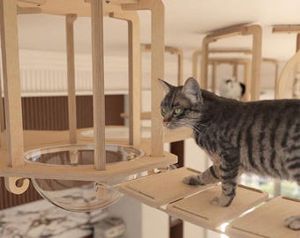 Cat Wall Furniture | Ceiling Cat Climbing Wall | Wooden Cat Wall Shelves | Hanging Space Capsule | Space Saving Gym | Gift for Cat Lover
