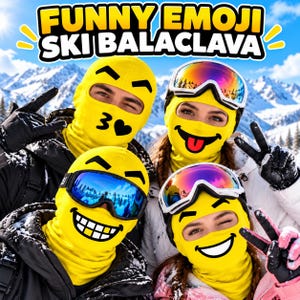 May include: Four yellow balaclavas featuring various black emoji facial expressions, including a kissing face with a heart, a tongue-out face, a wide-grinning face, and a smiling face. The text FUNNY EMOJI SKI BALACLAVA is displayed at the top.