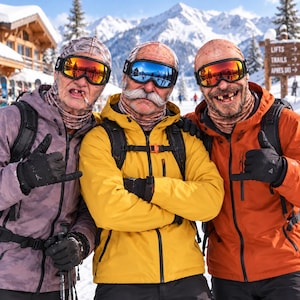 May include: Three individuals wearing ski goggles and balaclavas, dressed in a mauve, yellow, and orange jacket respectively. They wear black gloves and backpacks. The person on the left holds a cigarette, and the center person has a mustache.