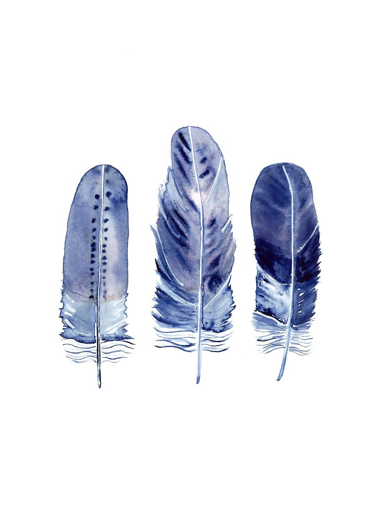 Indigo Feather Watercolour Print Denim Blue Wall Art Etsy
