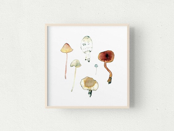 16 x 12 Whimsical Toadstool Painting Watercolour Girl/'s Room Decor A3 Mushroom Print in Grey and Pink Woodland Nursery Wall Art