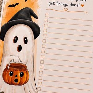 May include: A rectangular paper to-do list featuring a white ghost wearing a black hat and holding an orange jack-o'-lantern bucket. The background has orange watercolour accents, bats, and pumpkins. Text reads To Do, Spook-tacular plans get things done!, and One boo-tiful task at a time! with checkboxes.