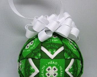 4-H Quilted Ornament white  bow - No sew ornament - Home accent, Christmas, Ready to ship Folded fabric ornament, FFA 4-H mom secret santa