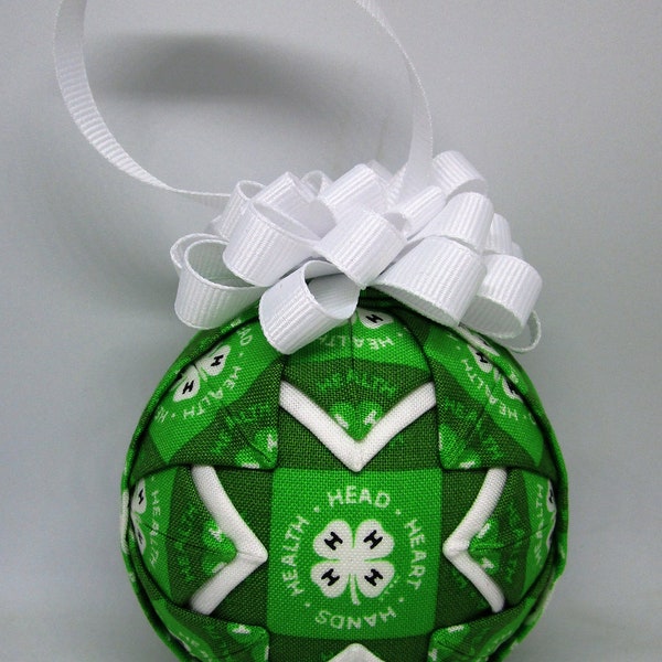 4-H Quilted Ornament white  bow - No sew ornament - Home accent, Christmas, Ready to ship Folded fabric ornament, FFA 4-H mom secret santa