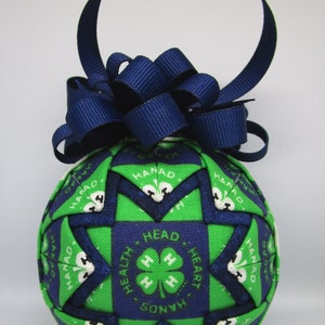4-H Quilted Ornament blue bow - No sew ornament - Home accent, Christmas, Ready to ship, Folded fabric ornament FFA mom secret santa