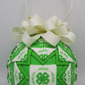 4-H Quilted Ornament cream bow - No sew ornament - Home accent, Christmas, Ready to ship, Folded fabric ornament, FFA mom secret santa