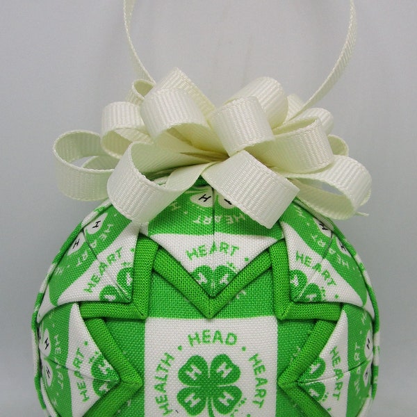 4-H Quilted Ornament cream bow - No sew ornament - Home accent, Christmas, Ready to ship, Folded fabric ornament, FFA mom secret santa