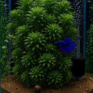 Puede incluir: Un acuario cilíndrico de cristal que contiene una densa planta acuática de color verde vibrante con hojas puntiagudas. Un pez betta azul oscuro nada cerca del centro. Varios caracoles marrones pequeños son visibles en la planta y el sustrato.