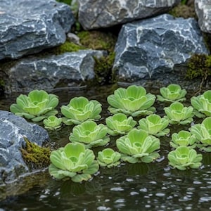 May include: A collection of floating water lettuce plants with vibrant light green, rosette-shaped leaves. The aquatic plants are scattered across the surface of dark, rippling water, positioned near several large, jagged grey rocks.