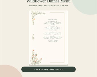 Szablon menu weselnego, menu kolacji z motywem dzikich kwiatów, botaniczna karta przyjęcia 4x6