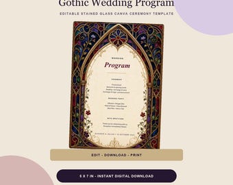 結婚式プログラムテンプレート、ゴシックステンドグラス風キャンバス式式プログラム、編集可能な5x7インチのイベント順序表