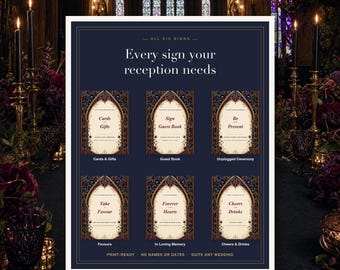 Wedding Reception Signs Bundle, Gothic Stained Glass Set of 6, Digital Download