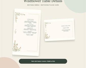 Szablon menu weselnego i winietki, zestaw papeterii na przyjęcie z motywem dzikich kwiatów Canva