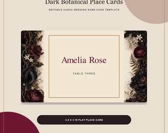 Wedding Place Cards Template, Dark Botanical Canva Name Cards, Editable 3.5x2 Reception Card