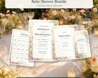 Baby Shower Invitation Bundle, Wildflower Baby in Bloom Canva Games, Editable Welcome Sign and Mobile Invite