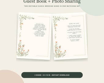 Wedding Guest Book Sign & QR Code Photo Sharing Sign, Wildflower Canva Reception Bundle, Editable 8x10