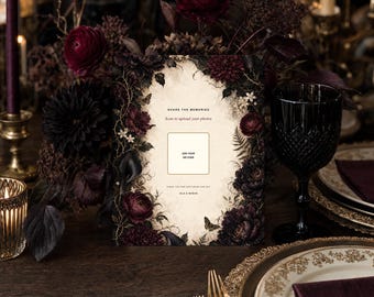 Wedding QR Code Sign Template, Dark Botanical Canva Photo Upload Sign, Editable 8x10