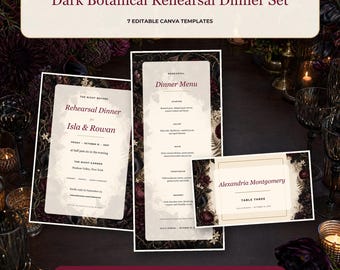 Rehearsal Dinner Invitation and Menu, Dark Botanical Canva Template, Editable Wedding Weekend Welcome Set