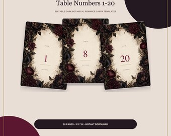 Table Numbers 1-20, Dark Floral Wedding Canva Templates, Editable 5x7 Botanical Reception Cards