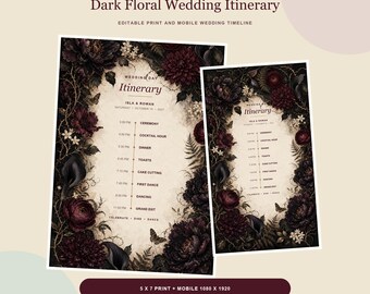 結婚式のスケジュールテンプレート、ダークフローラルCanvaタイムライン、編集可能な5x7スケジュール、モバイル対応当日カード