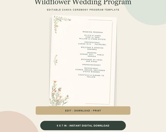 Szablon programu ślubnego, program ceremonii ślubnej z motywem dzikich kwiatów w Canva, kwiatowy porządek wydarzeń 5x7