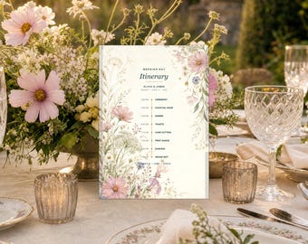 Wedding Itinerary Template, Wildflower Canva Timeline, Editable 5x7 Schedule and Mobile Day-of Card