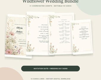 Wedding Invitation Suite and Sign Bundle, Wildflower Canva Templates, Seating Chart, Table Numbers & Menu