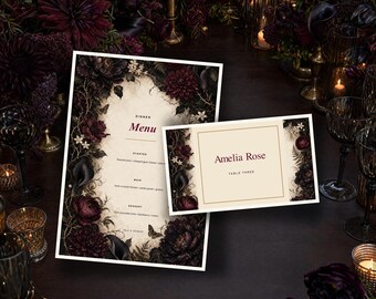 Wedding Menu & Place Cards Template Bundle | Dark Botanical Canva Set